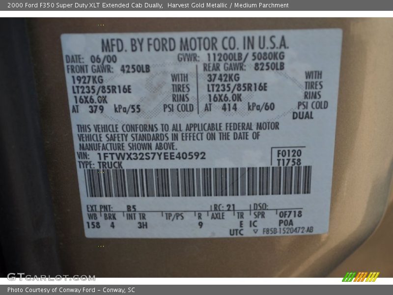 Harvest Gold Metallic / Medium Parchment 2000 Ford F350 Super Duty XLT Extended Cab Dually