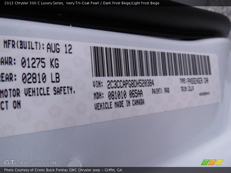 Ivory Tri-Coat Pearl / Dark Frost Beige/Light Frost Beige 2013 Chrysler 300 C Luxury Series