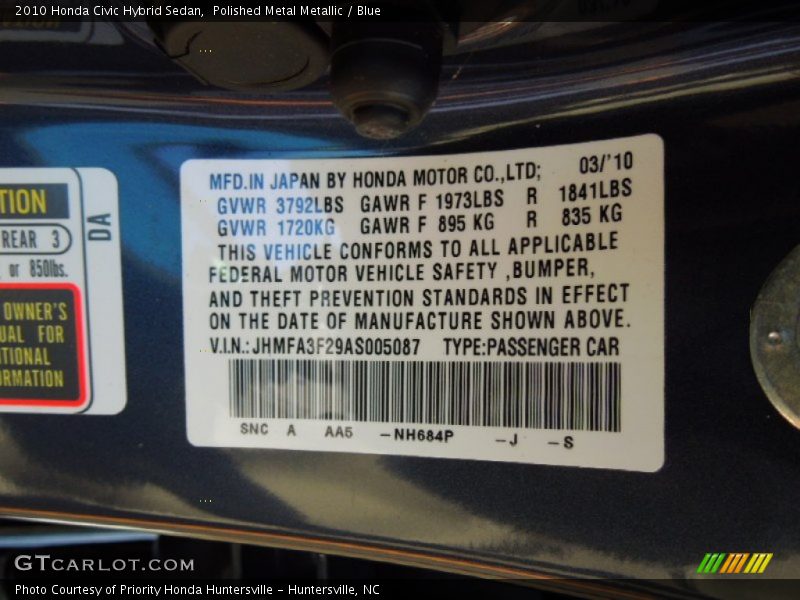 Polished Metal Metallic / Blue 2010 Honda Civic Hybrid Sedan