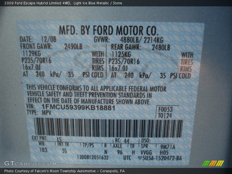 Light Ice Blue Metallic / Stone 2009 Ford Escape Hybrid Limited 4WD