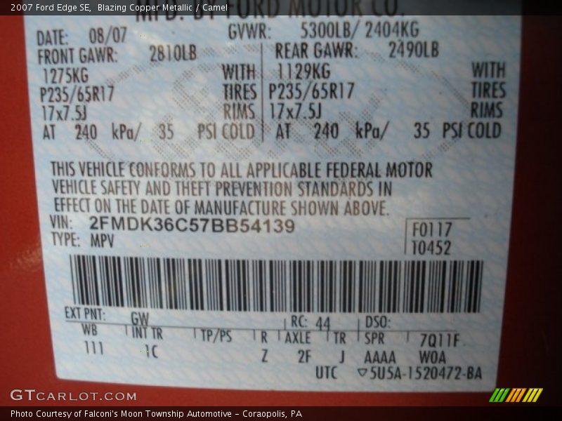 Blazing Copper Metallic / Camel 2007 Ford Edge SE