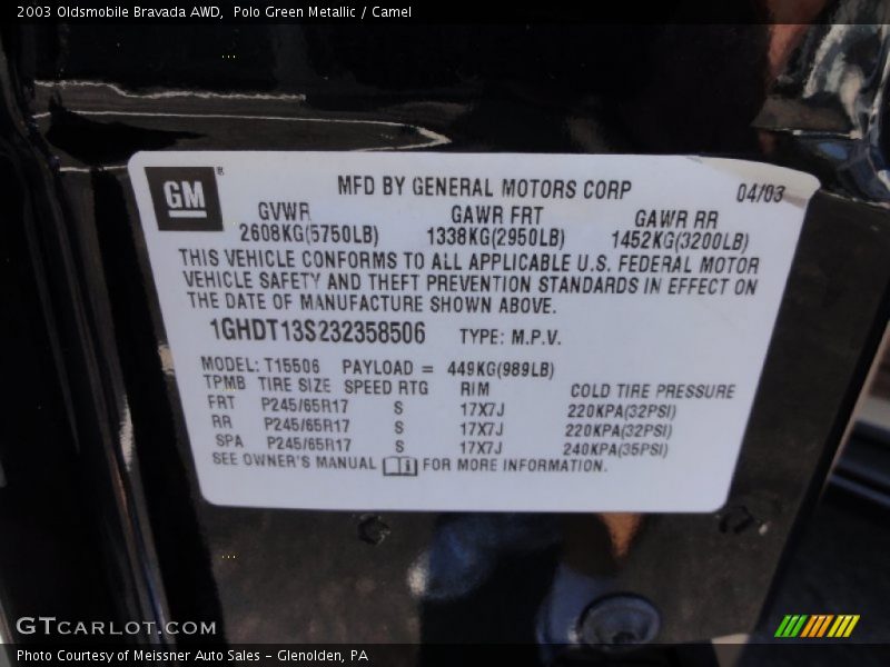 Polo Green Metallic / Camel 2003 Oldsmobile Bravada AWD