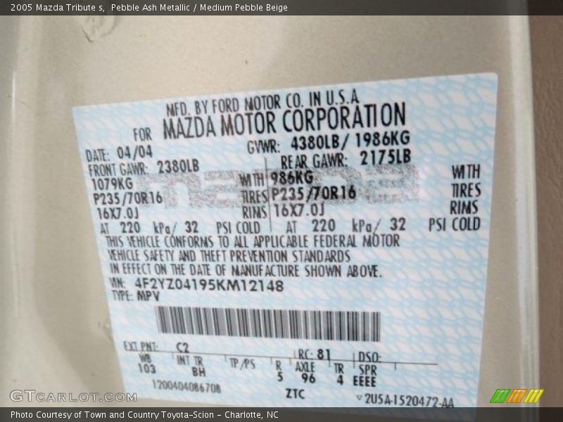 2005 Tribute s Pebble Ash Metallic Color Code C2