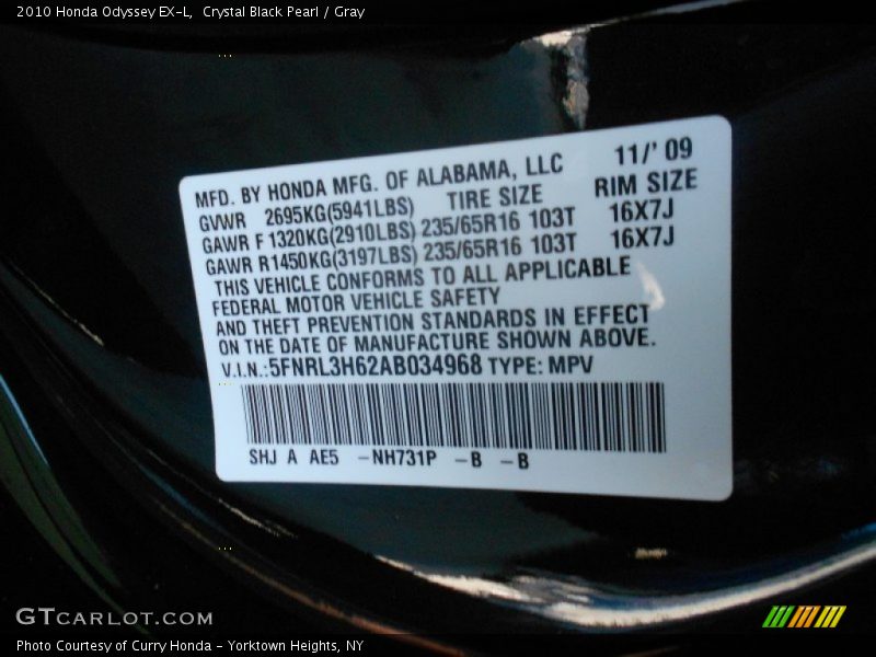Crystal Black Pearl / Gray 2010 Honda Odyssey EX-L