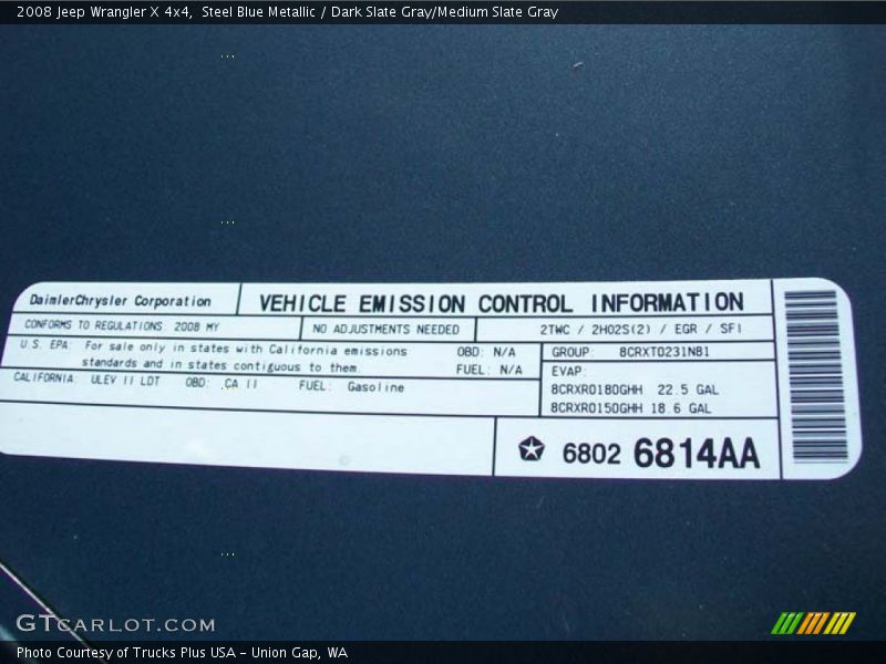 Info Tag of 2008 Wrangler X 4x4