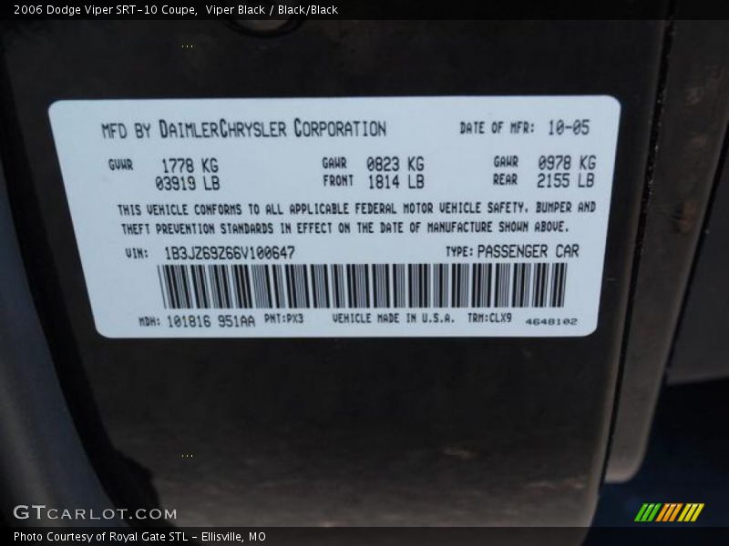 2006 Viper SRT-10 Coupe Viper Black Color Code PX3