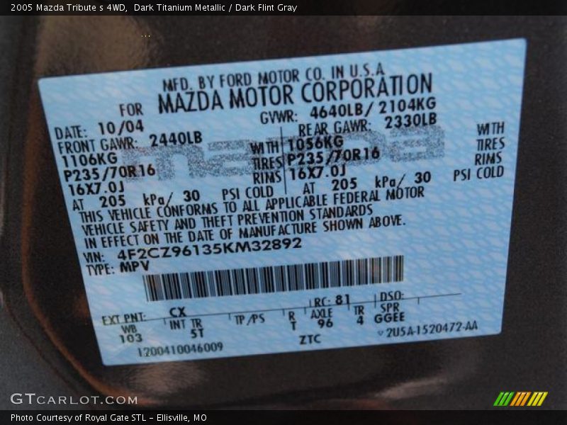 Dark Titanium Metallic / Dark Flint Gray 2005 Mazda Tribute s 4WD