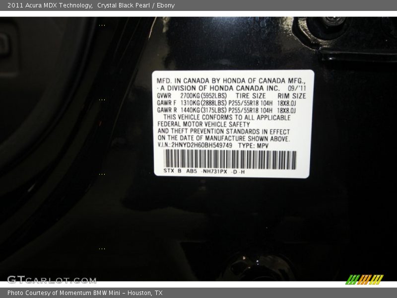Crystal Black Pearl / Ebony 2011 Acura MDX Technology
