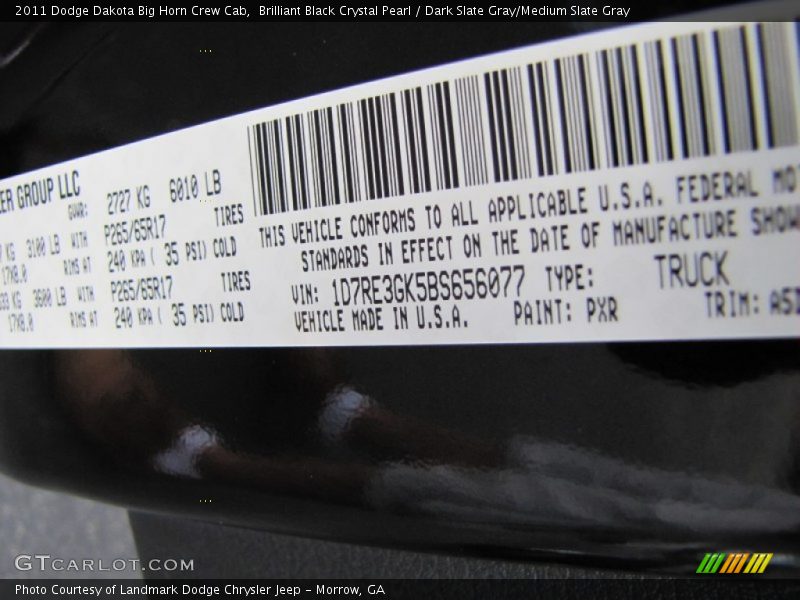 Brilliant Black Crystal Pearl / Dark Slate Gray/Medium Slate Gray 2011 Dodge Dakota Big Horn Crew Cab