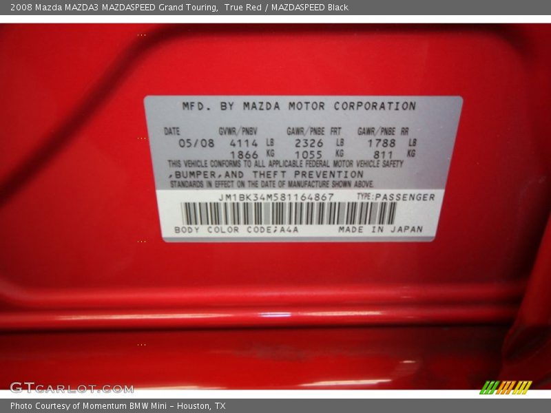 2008 MAZDA3 MAZDASPEED Grand Touring True Red Color Code A4A