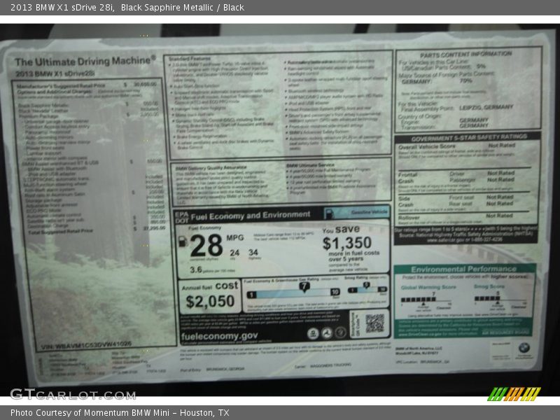  2013 X1 sDrive 28i Window Sticker