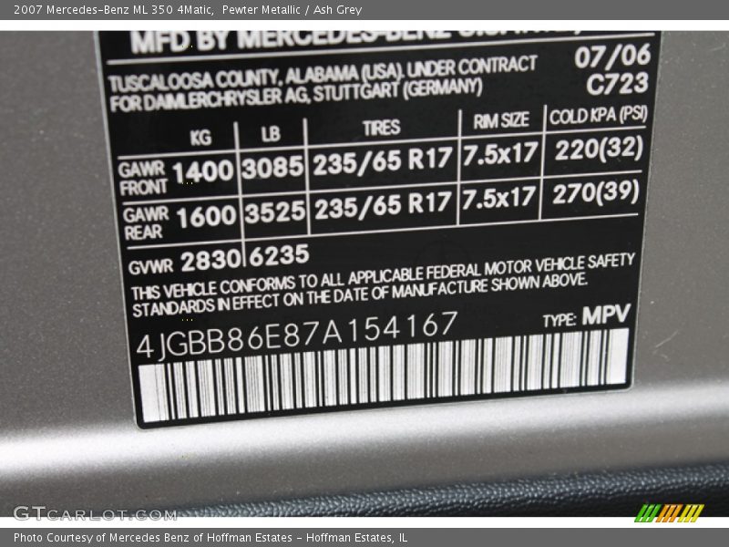Pewter Metallic / Ash Grey 2007 Mercedes-Benz ML 350 4Matic