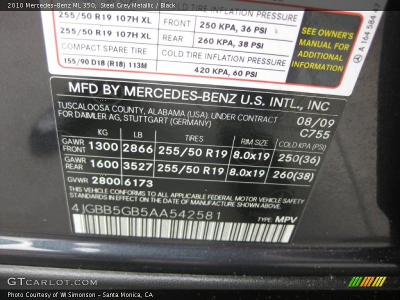 Steel Grey Metallic / Black 2010 Mercedes-Benz ML 350