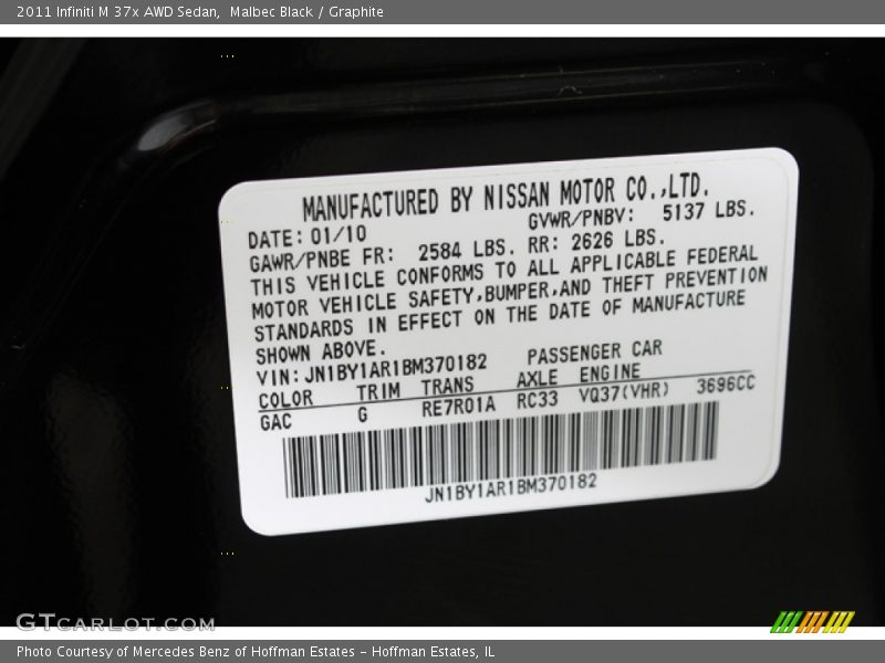 2011 M 37x AWD Sedan Malbec Black Color Code GAC