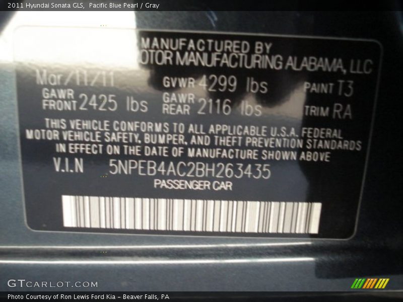 Pacific Blue Pearl / Gray 2011 Hyundai Sonata GLS