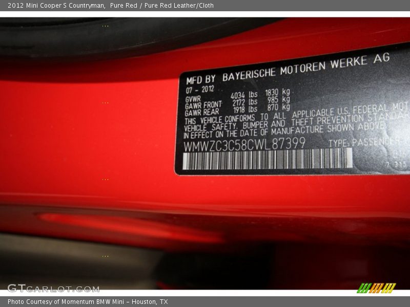Pure Red / Pure Red Leather/Cloth 2012 Mini Cooper S Countryman