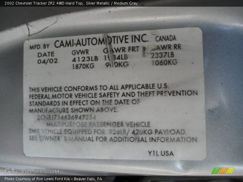 Silver Metallic / Medium Gray 2002 Chevrolet Tracker ZR2 4WD Hard Top