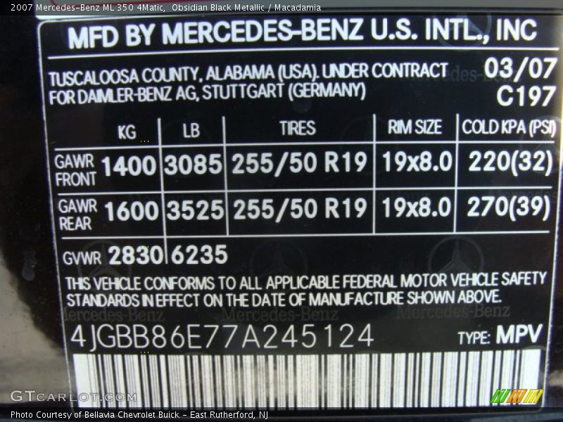 2007 ML 350 4Matic Obsidian Black Metallic Color Code 197