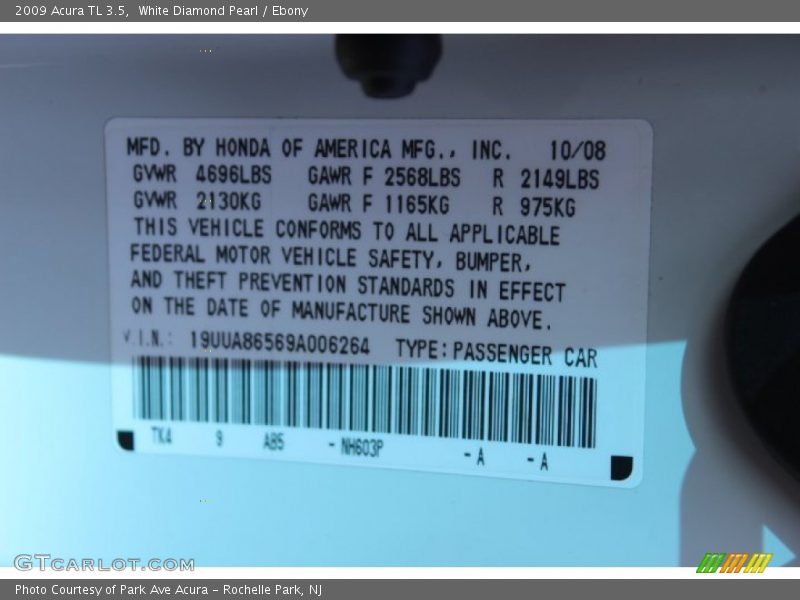 White Diamond Pearl / Ebony 2009 Acura TL 3.5