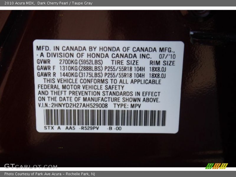 2010 MDX  Dark Cherry Pearl Color Code R529PV