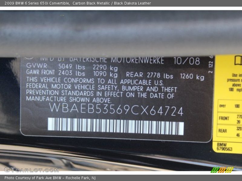 Carbon Black Metallic / Black Dakota Leather 2009 BMW 6 Series 650i Convertible