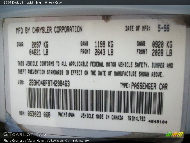 Bright White / Gray 1996 Dodge Intrepid