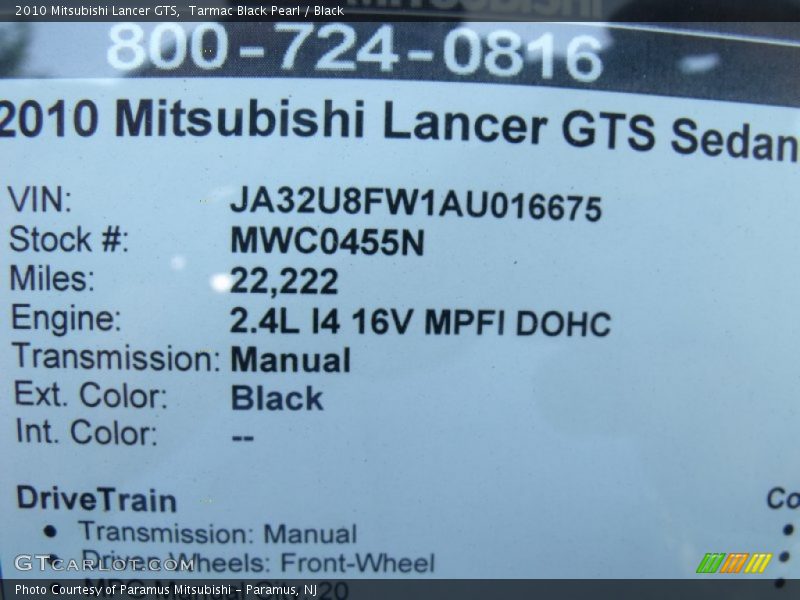 Tarmac Black Pearl / Black 2010 Mitsubishi Lancer GTS