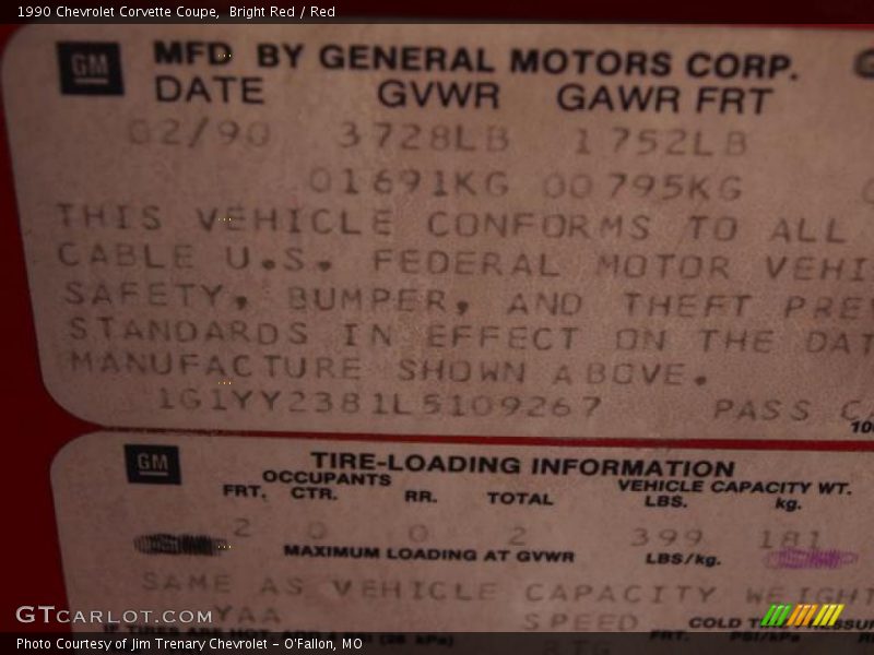 Info Tag of 1990 Corvette Coupe