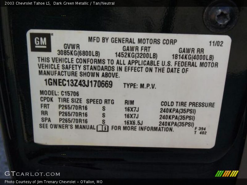 Dark Green Metallic / Tan/Neutral 2003 Chevrolet Tahoe LS