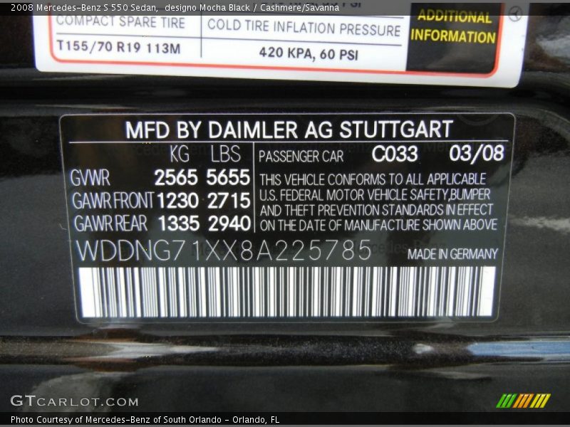 2008 S 550 Sedan designo Mocha Black Color Code 033