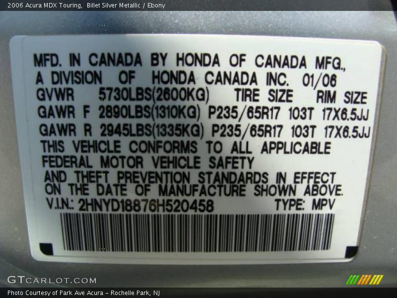 Billet Silver Metallic / Ebony 2006 Acura MDX Touring