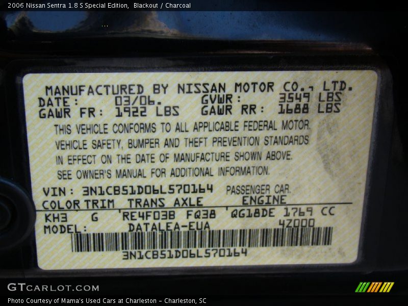 Blackout / Charcoal 2006 Nissan Sentra 1.8 S Special Edition