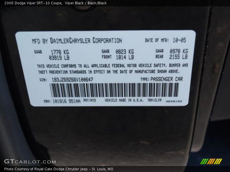 2006 Viper SRT-10 Coupe Viper Black Color Code PX3