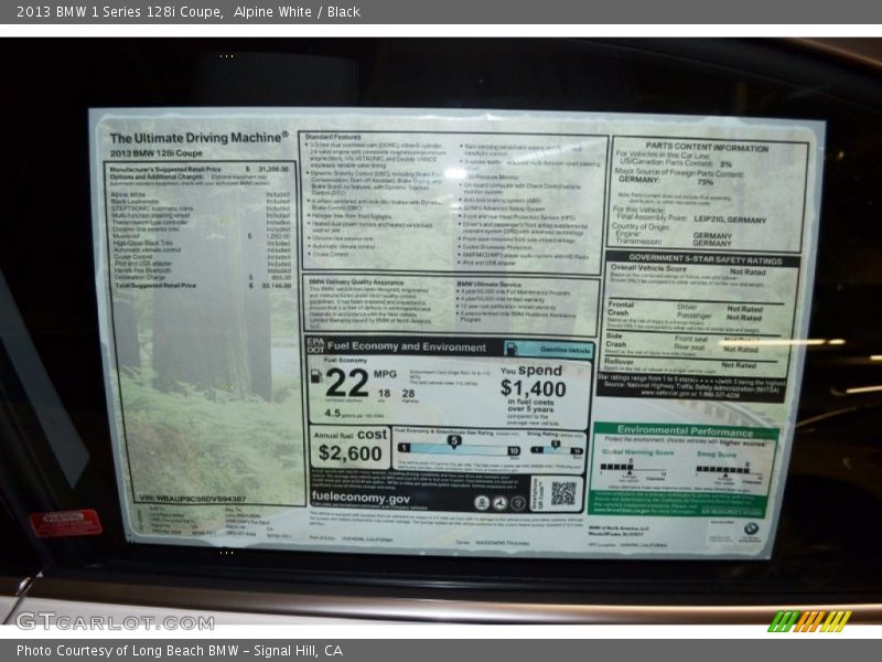  2013 1 Series 128i Coupe Window Sticker