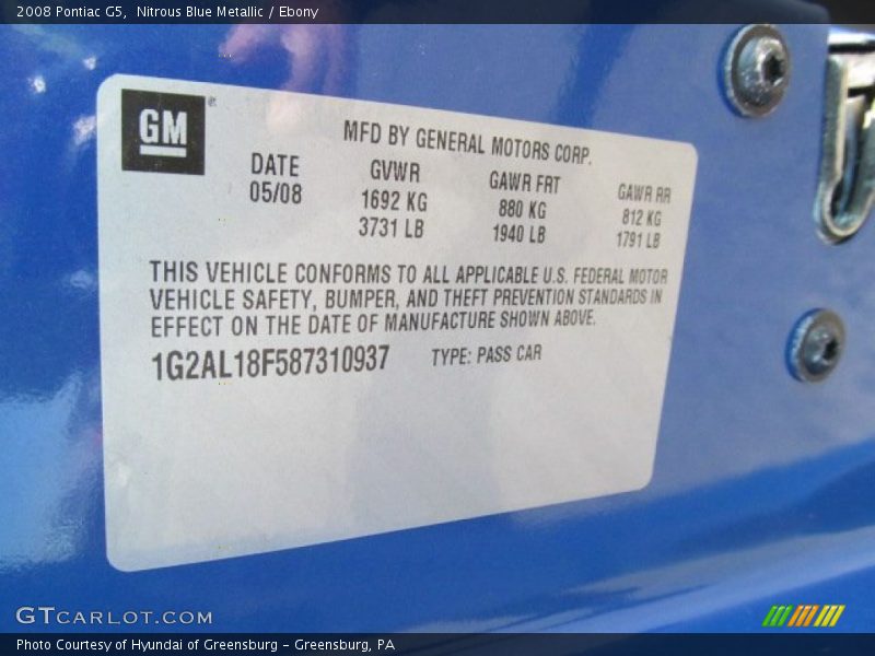 Nitrous Blue Metallic / Ebony 2008 Pontiac G5