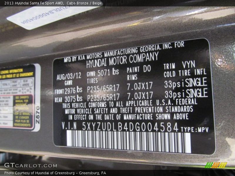 Cabo Bronze / Beige 2013 Hyundai Santa Fe Sport AWD