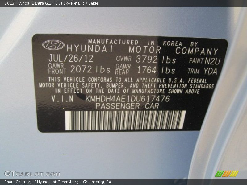Blue Sky Metallic / Beige 2013 Hyundai Elantra GLS