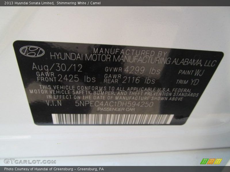 Shimmering White / Camel 2013 Hyundai Sonata Limited
