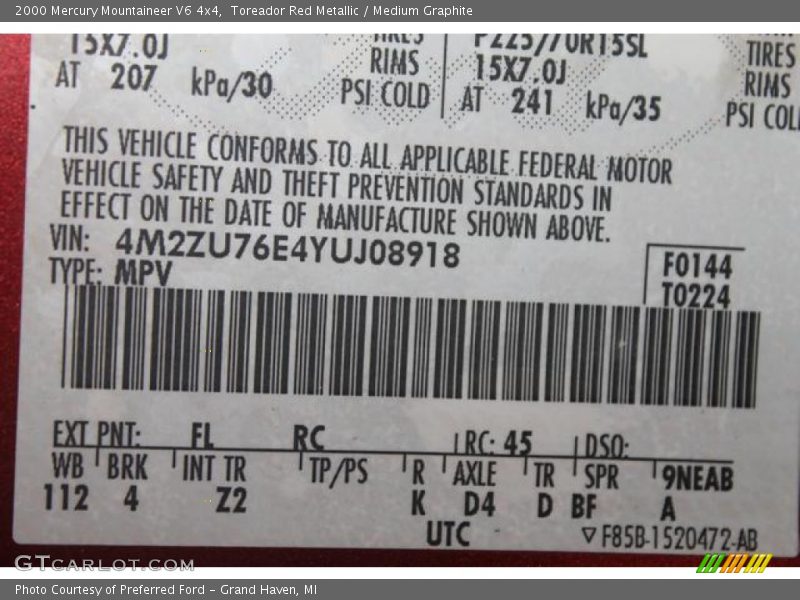 Toreador Red Metallic / Medium Graphite 2000 Mercury Mountaineer V6 4x4