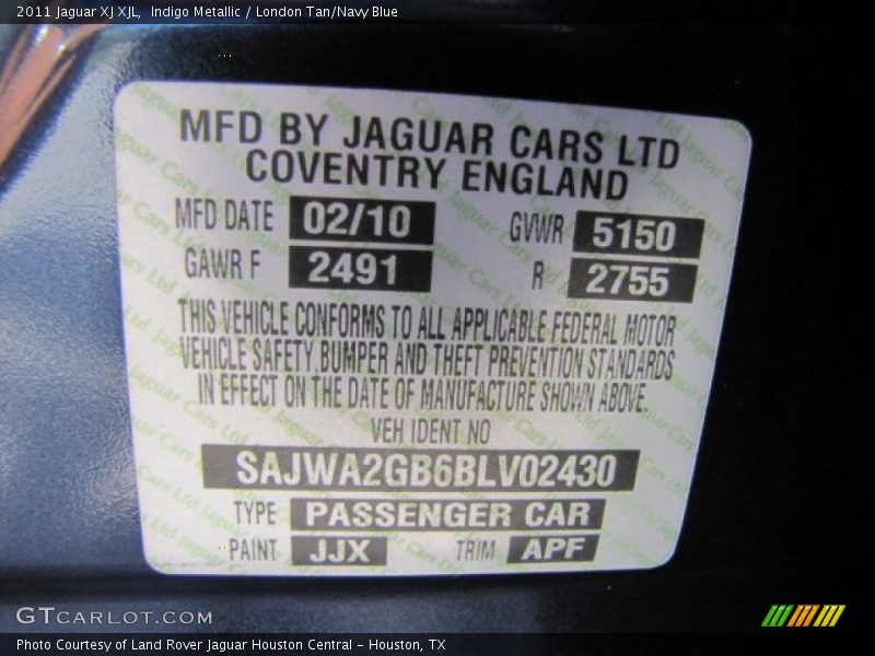 2011 XJ XJL Indigo Metallic Color Code JJX