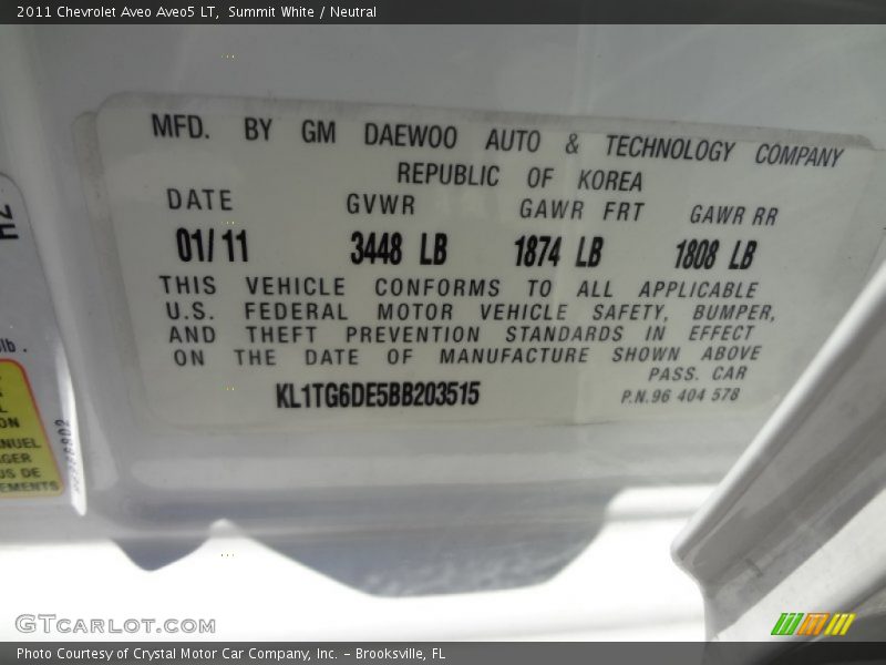 Summit White / Neutral 2011 Chevrolet Aveo Aveo5 LT