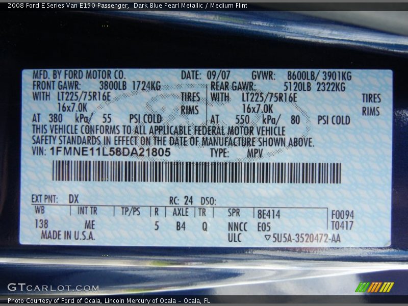 2008 E Series Van E150 Passenger Dark Blue Pearl Metallic Color Code DX