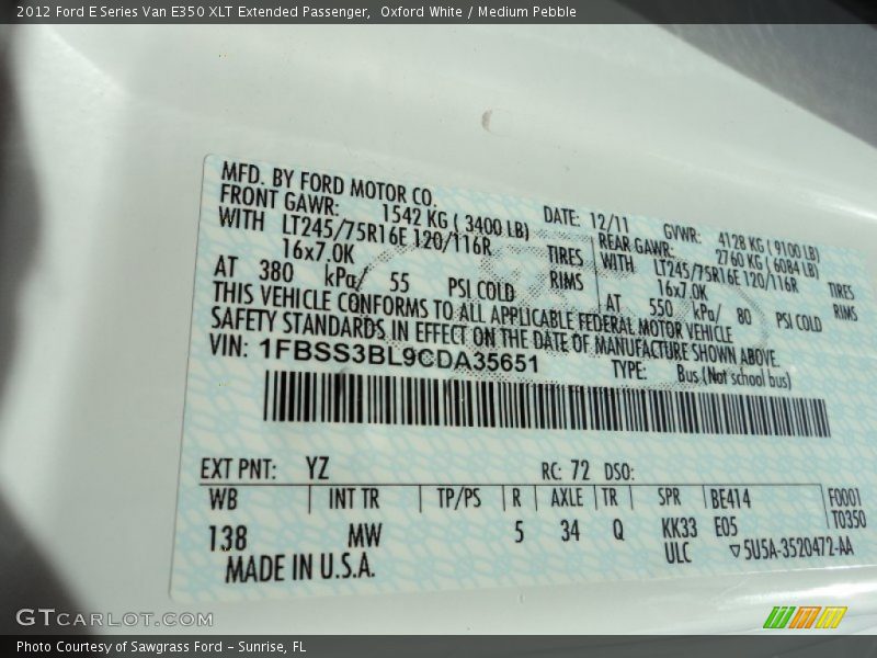 2012 E Series Van E350 XLT Extended Passenger Oxford White Color Code YZ