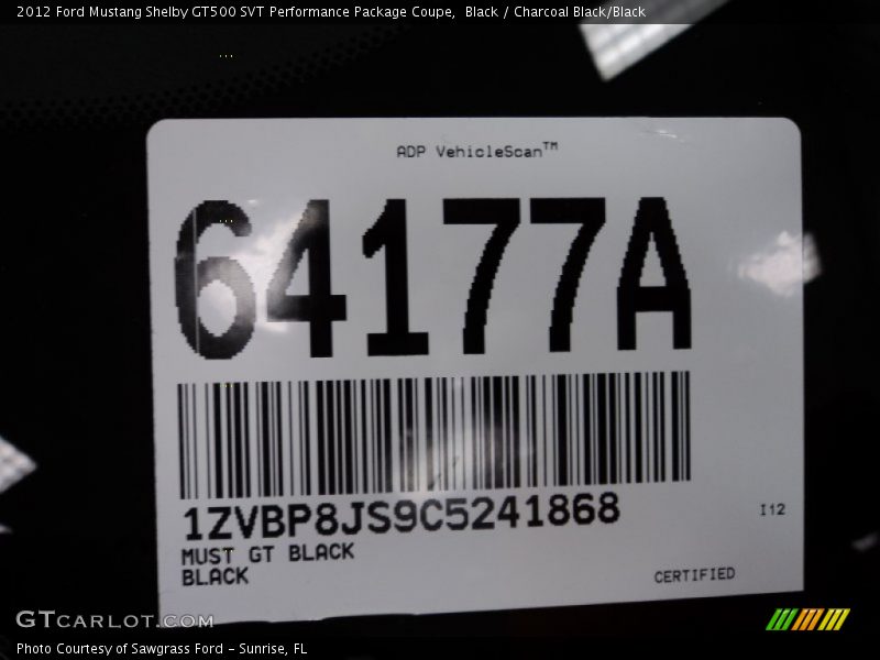 Black / Charcoal Black/Black 2012 Ford Mustang Shelby GT500 SVT Performance Package Coupe