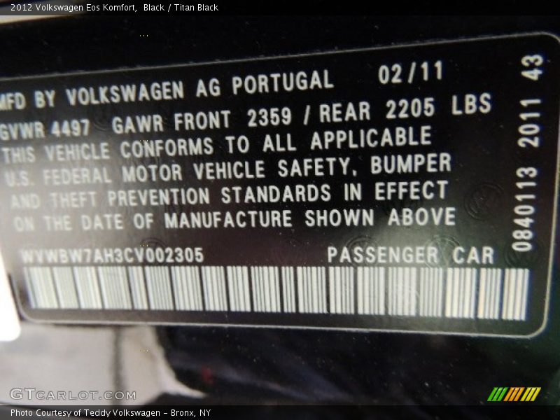 Black / Titan Black 2012 Volkswagen Eos Komfort