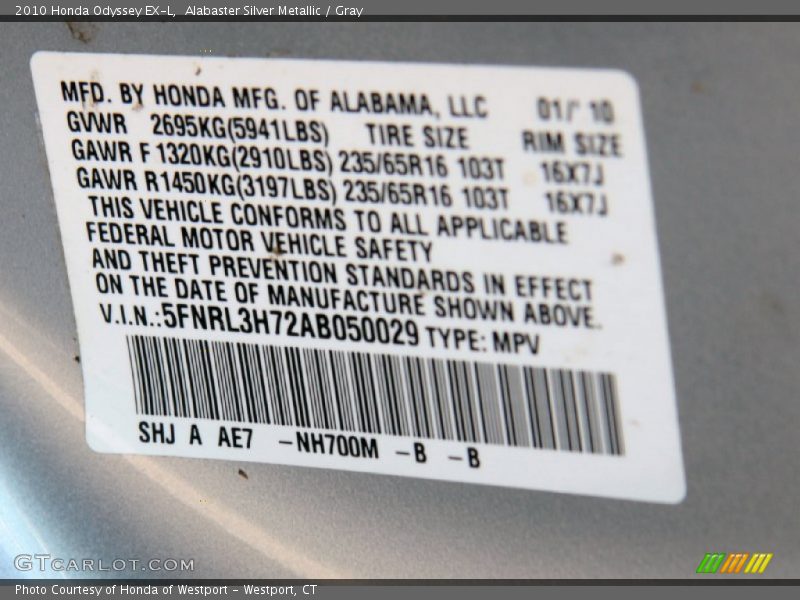Alabaster Silver Metallic / Gray 2010 Honda Odyssey EX-L