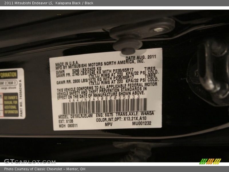 Kalapana Black / Black 2011 Mitsubishi Endeavor LS