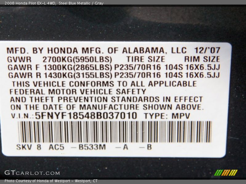 Steel Blue Metallic / Gray 2008 Honda Pilot EX-L 4WD