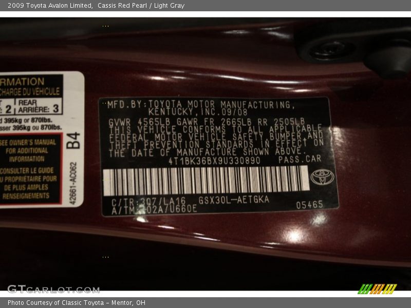 2009 Avalon Limited Cassis Red Pearl Color Code 3Q7