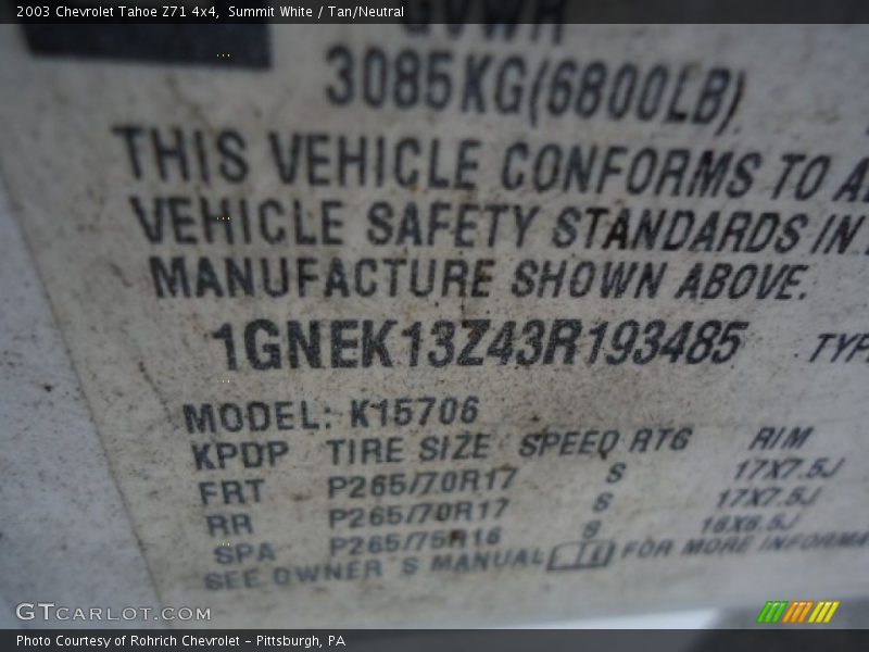 Summit White / Tan/Neutral 2003 Chevrolet Tahoe Z71 4x4